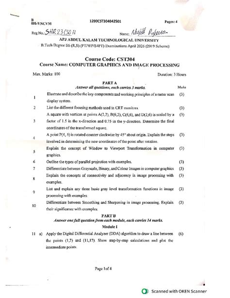 CST304 Computer Graphics & Image Processing - B.Tech S6 Exam QP 2026 ...