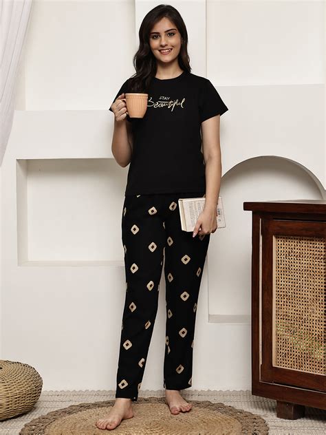Night Suit for Women - Black Pure Cotton Printed | Claura