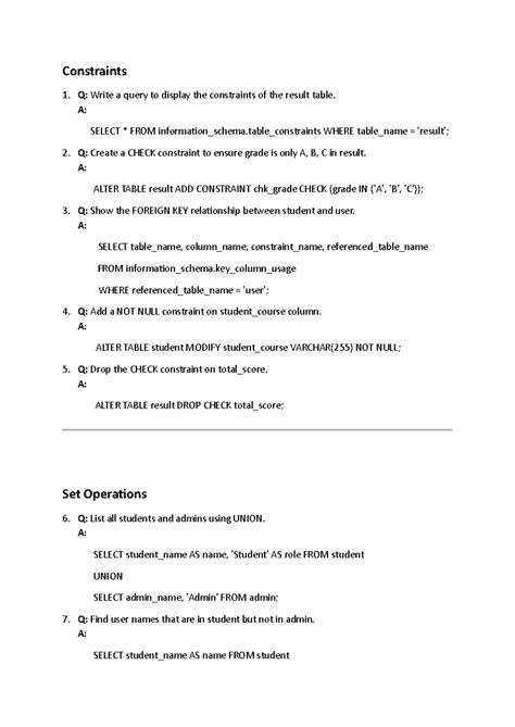 40 questions - dbms constraints, set operations, joins, views, triggers ...