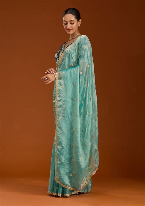 Buy Sea Green Cording Tissue Saree - Koskii