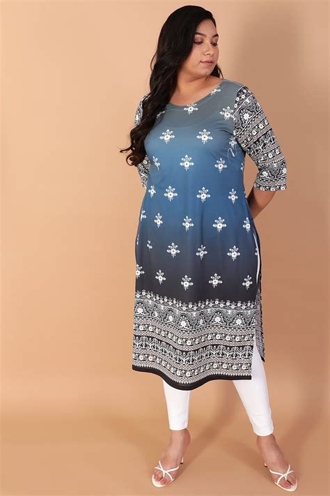 Plus Size Blue Ombre Ethnic Print Kurta Online in India | Amydus
