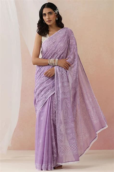 Shwet Women Hand Embroidered Purple Kota Cotton Chikankari Saree ...