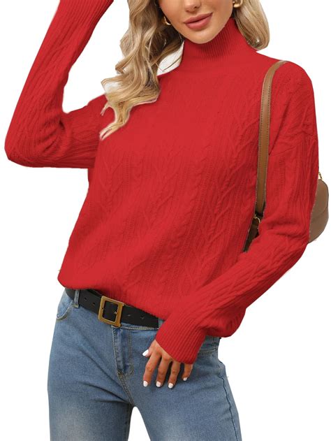BERTHMEER Women's Red Wool Oversized Turtleneck Sweater, Long Sleeve ...