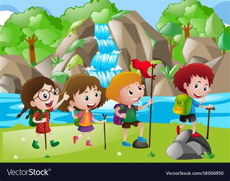 Four kids hiking along the river Royalty Free Vector Image