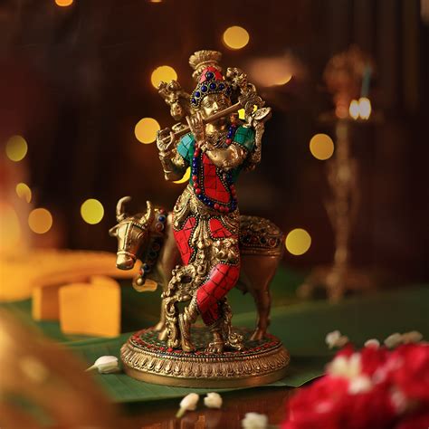 Brass Statue - Krishna with Cow in Stone Work – Revive Home