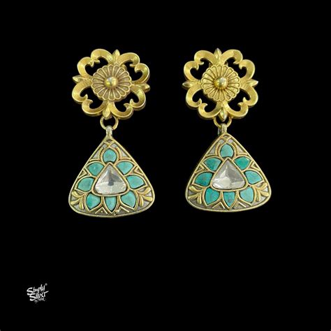Silver Dual Tone Flower Studs with Turquoise & white Stone - MH5697 ...