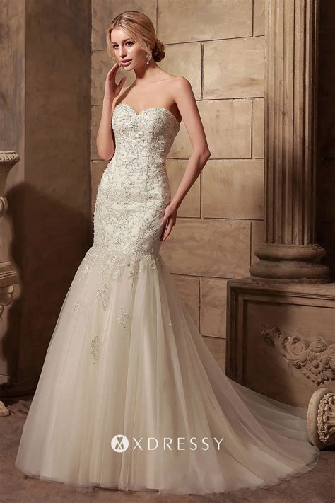 Beaded Lace Bodice Drop Waist Trumpet Wedding Gown - Xdressy