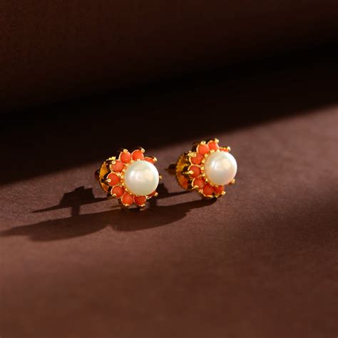 Buy Coral & Pearl Floral Stud Earrings – Krishna Pearls