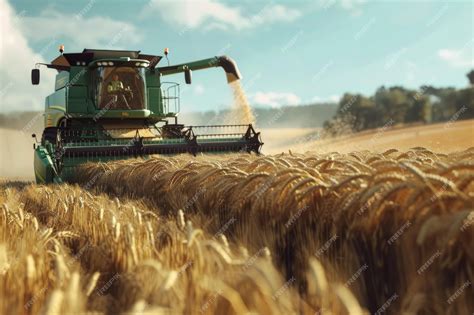 A wheat field being harvested by a green combine harvester ...