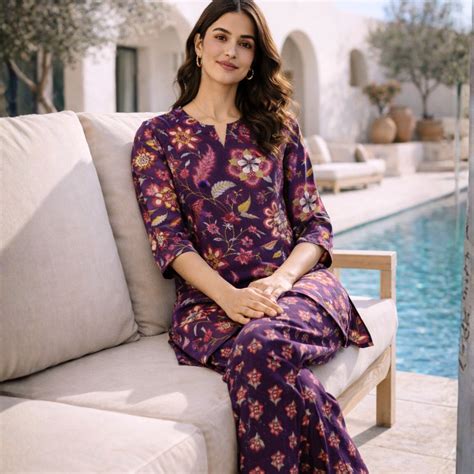 Purple Peony Pure Cotton round neck Women's Co-ord Set for Summer ...