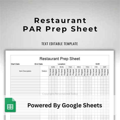 Restaurant Inventory PAR Prep Sheet - Text Editable Google Sheets ...