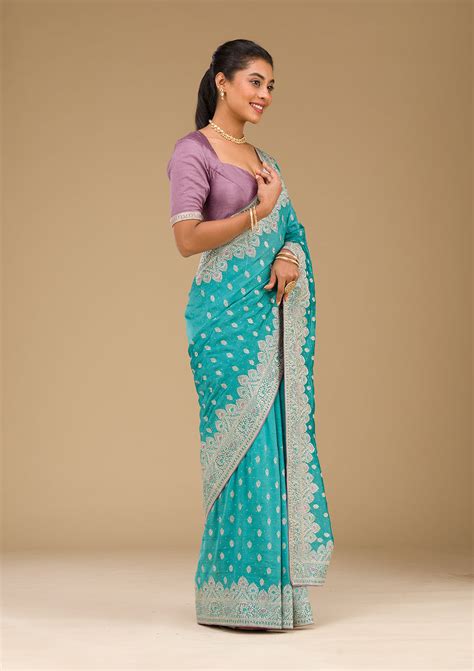Buy Blue Zariwork Silk Saree - Koskii