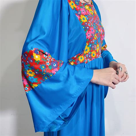 70s blue and red flower printed flare sleeves long dress | LEMON