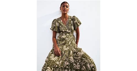 Khaki Palm Print Puff Sleeve Wrap Midi Dress | New Look