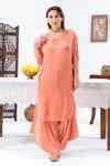Buy Peach Satin, Chiffon Tassels, Embroidery Placement Hand Kurta With ...