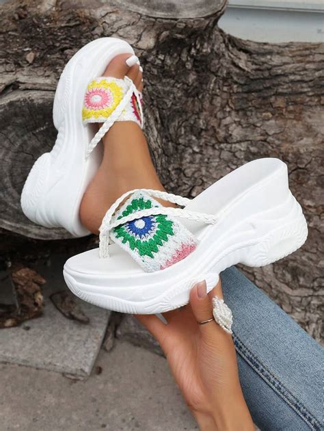 Women's Plaid Granny Square Toe Wedge Sandals, Fashionable Beach Style ...