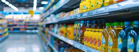 Supermarket juice aisle with yellow bottles on display | Premium AI ...