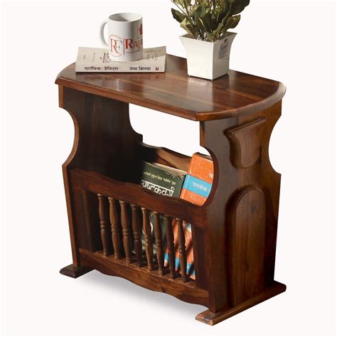 Solid Wood Gule Floor Mounted Magazine Stand cum Side Table in Natural