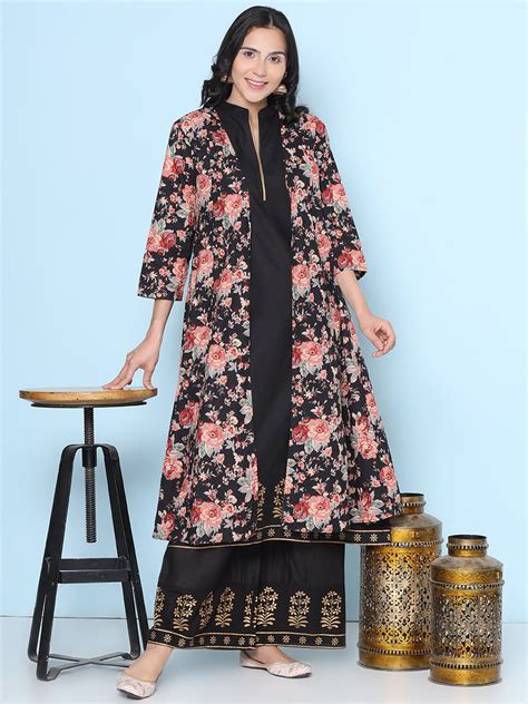 Black Floral Printeded Jacket With Black Kurta With Black Palazzos
