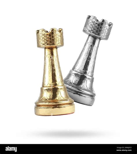 Golden and silver chess rooks in air on white background Stock Photo ...
