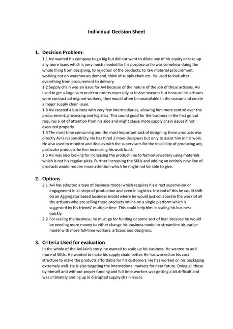 New Microsoft Word Document - Individual Decision Sheet 1. Decision ...