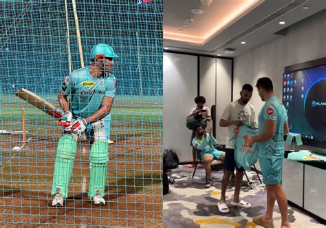 LSG's Marcus Stoinis receives his jersey from KL Rahul