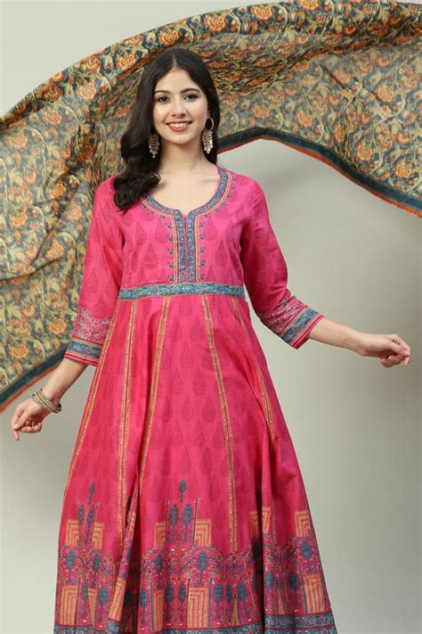 Fuschia Cotton Anarkali Kurta Churidar Suit Set at Biba India