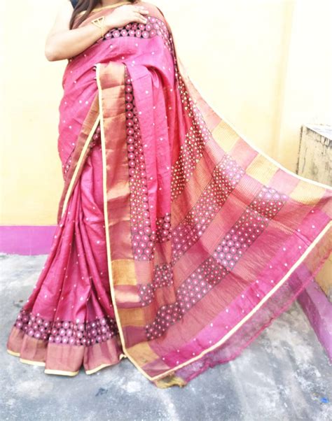 Pink Cut Work Zari Border Pure Silk Mark Certified Tussar Silk Sarees ...