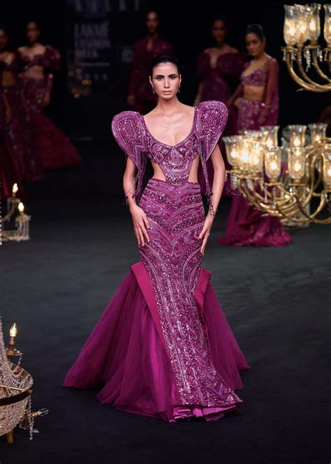 Deep Purple Organza Fishcut Gown With 3D Tassel Sleeves
