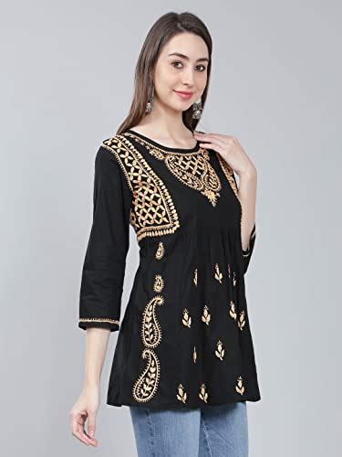 Buy Seva Chikan Hand Embroidered Lucknowi Chikankari Black Cotton A ...