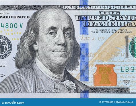 Portrait of US President Benjamin Franklin on 100 Dollars Banknote ...
