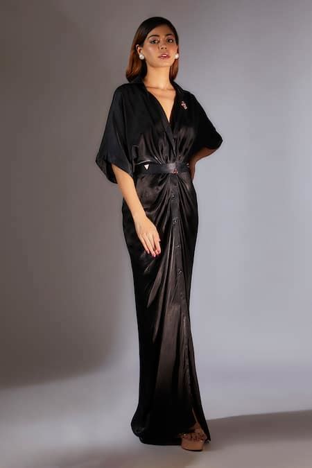 Buy Black Gabardine V-neck Embroidered Shirt Dress With Belt For Women ...