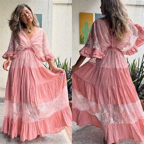 Boho Pink Wedding Dressboho Lace Trim Maxi Dressphotoshoots - Etsy