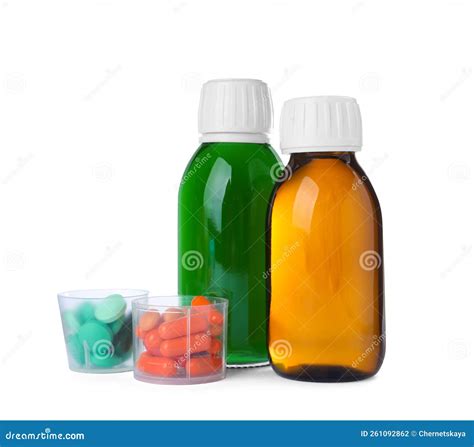 Bottles of Syrups with Pills on White Background. Cough and Cold ...