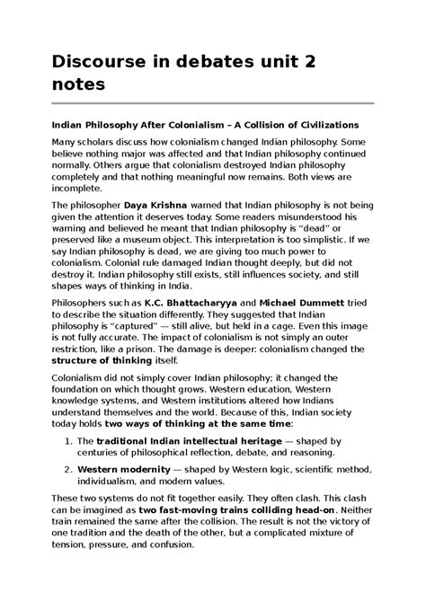 Discourse and Debates Unit 2: Indian Philosophy Post-Colonialism - Studocu