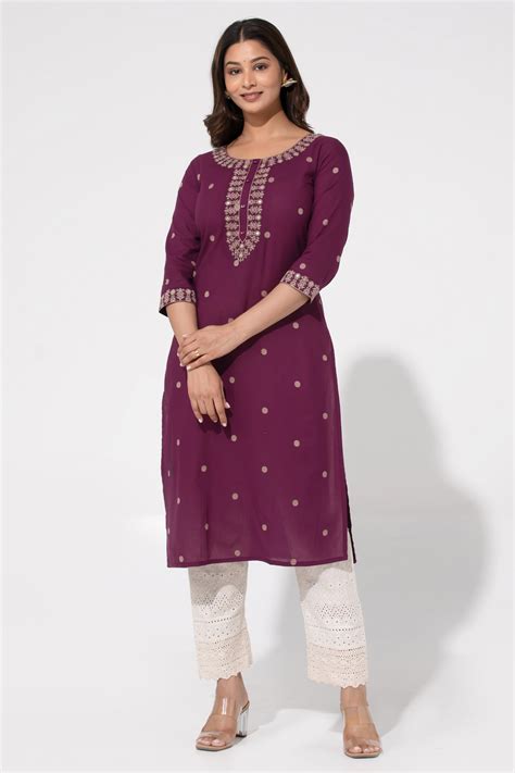 Purple Cotton Dobby Kurta with Foil Mirror Embroidery – Maybell Womens ...