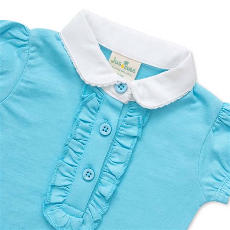 "Girls' Sky Blue Polo T-Shirt with Ruffled Button Placket & White Coll ...