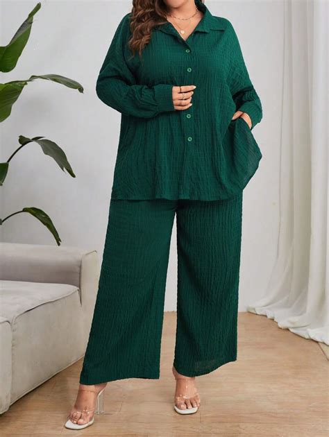 SHEIN Essnce Plus Solid Button Front Shirt & Wide Leg Pants | SHEIN USA