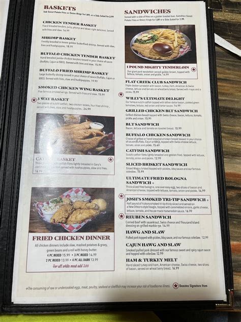Menu at Billy Gail's cafe, Branson