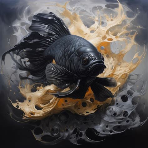 Surreal black fish swimming in liquid oil painting wall art | Premium ...