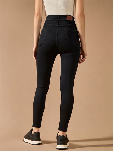 Women's Black Slim-Fit High-Rise Clean-Look Cropped-Length Stretchable