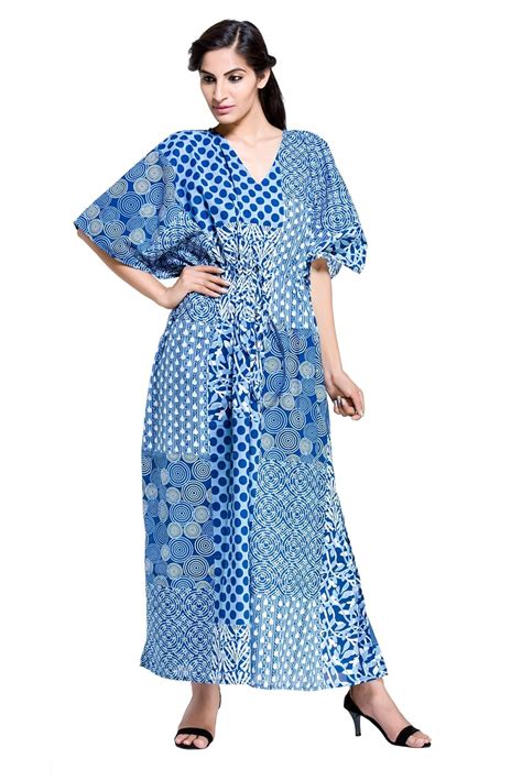 Handicraft-Palace Pure 100% Cotton Blue Printed Long Kaftan Sleepwear ...