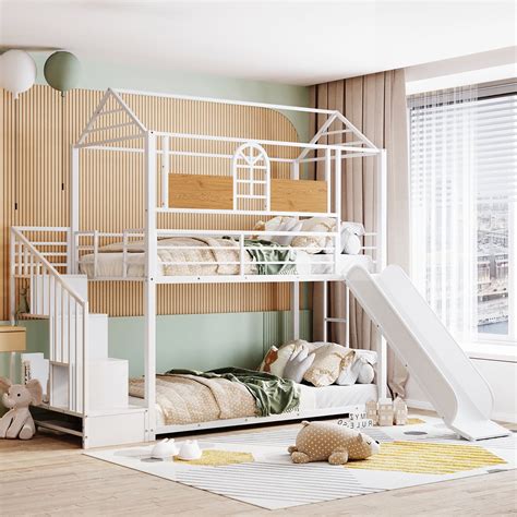 House Bunk Bed with Slide and Stairs, Twin Over Twin | Ubuy India