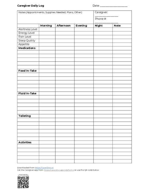 Caregiver Daily Log - Blank Fillable Template | Fill Out, Print ...
