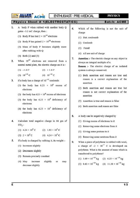 DPP-1 Electrostatics - Physics HL - E 1/ ENTHUSIAST/ PRE-MEDICAL ...