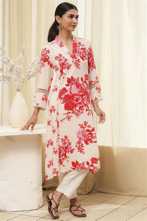 Buy Red and Off-White Floral Printed Straight Kurta Online at Biba India