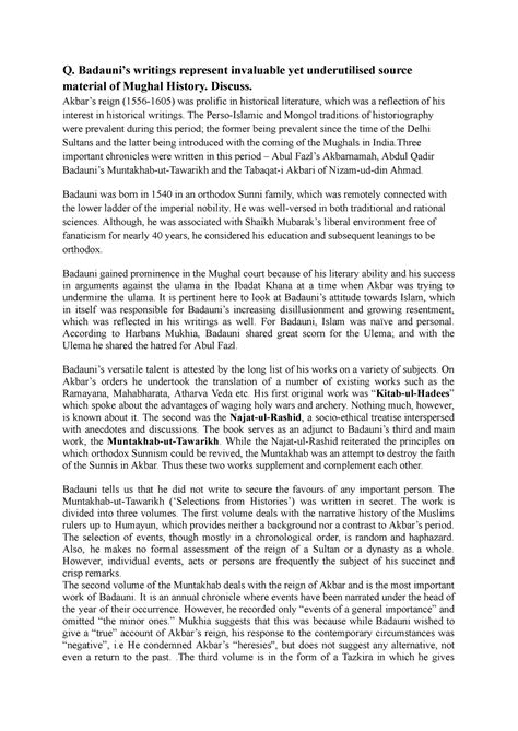 Badauni's Writings of Mughal History - Q. Badauni’s writings represent ...