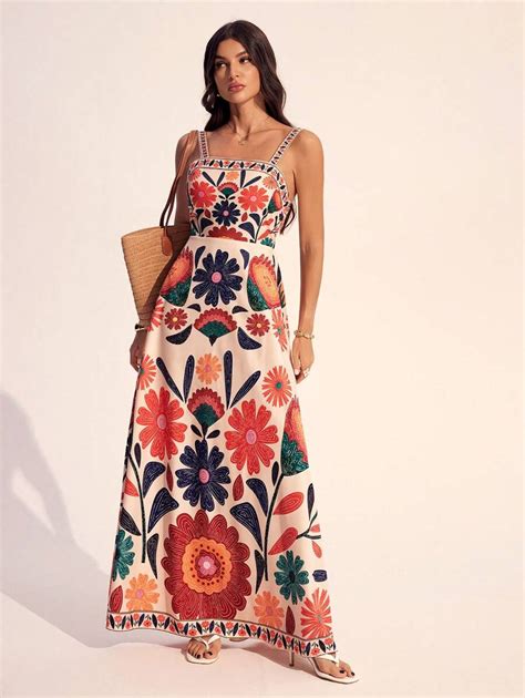 SHEIN Tall Women's Sleeveless Gathered Waist A-Line Floral Print ...