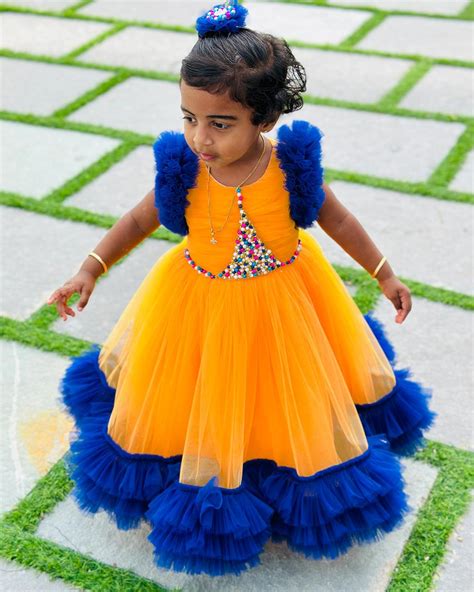 Sun Yellow & Navy blue combo Paris Handwork Birthday Gown – Stanwells Kids