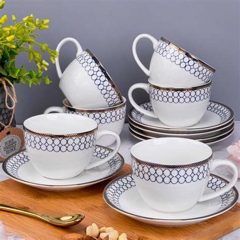 Buy Deco Pride Bone Free Ceramic Cup & Saucer Set | 6 People | 220 ml ...